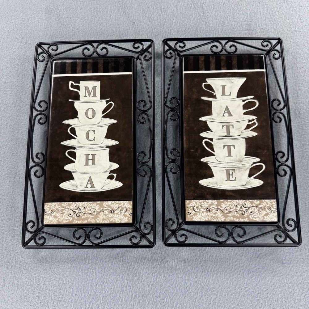 Kitchen Decor Plaques (2) Coffee Bar! Latte+Mocha Black Metal Hanging-Cream/Blk